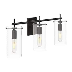 Heidi 27 in. 3-Lights Bathroom Vanity Light Fixture with Black Metal Frame and Clear Glass Shade, Set of 2