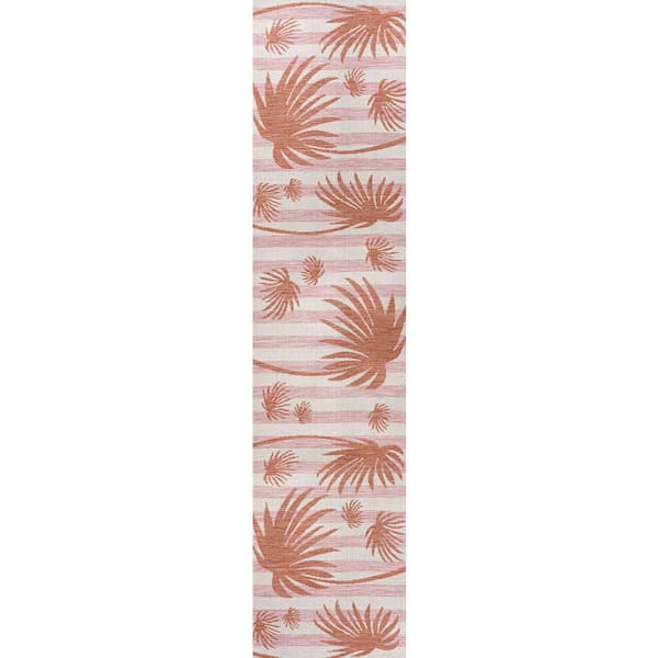 Veronica Classic Beach Stripe and Palm Leaf Pink/Cream 2 ft. x 8 ft. Indoor/Outdoor Runner Rug