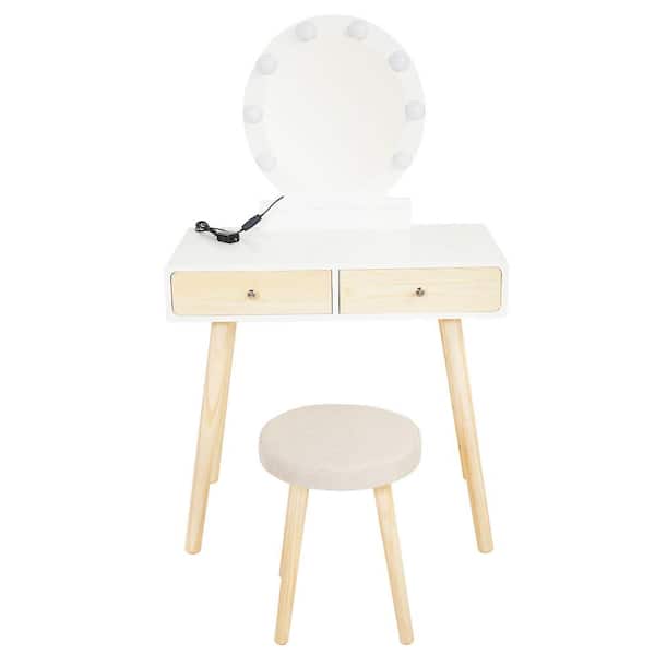 CIPACHO 2-Drawer White Dresser with Round Mirrored LED light and Stool LED light (H 49.2 x W 15.7 x D 31.5) in.