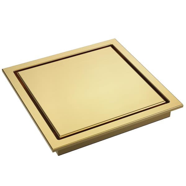 Single-Handle Rain 2-Spray Square 10 in. Shower Head Fixed and Handheld Shower Head in Brushed Gold with Shower Drain
