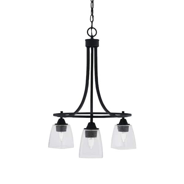 Unbranded Madison 3-Light Matte Black Round Chandelier with 4.5 in. Square Clear Bubble Glass Shades, No bulbs included