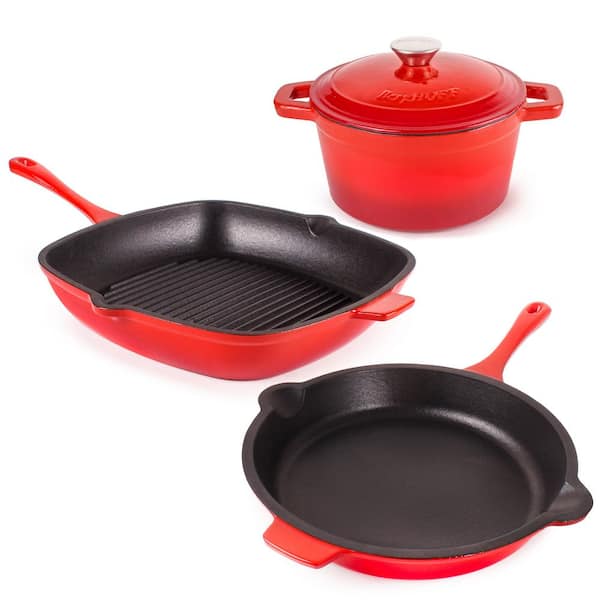 BergHOFF Neo 4-Piece Cast Iron Cookware Set, Fry Pan, Grill Pan and Round Dutch Oven, Red