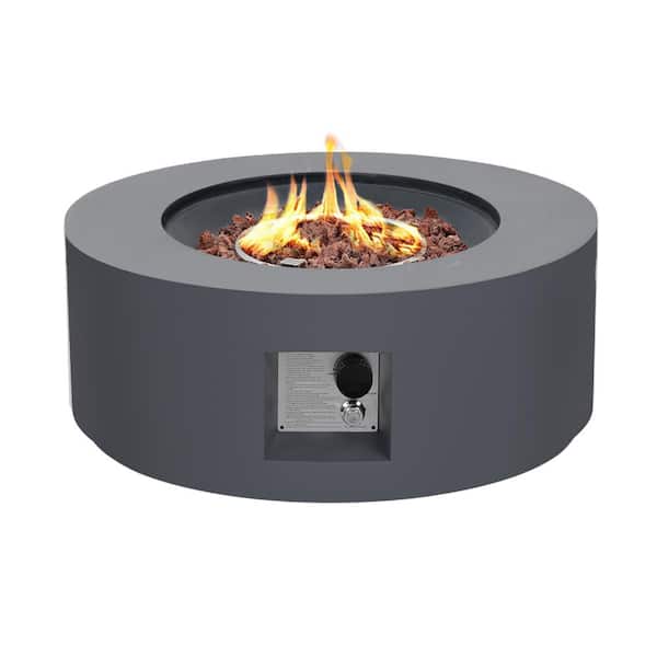 28 in. Round Iron Outdoor Fire Pit Table with Lid, Volcanic Rocks and Rain Cover in Dark Grey