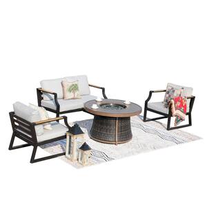 Bright Black 4-Piece Aluminum Patio Fire Pit Set with Grey Cushions