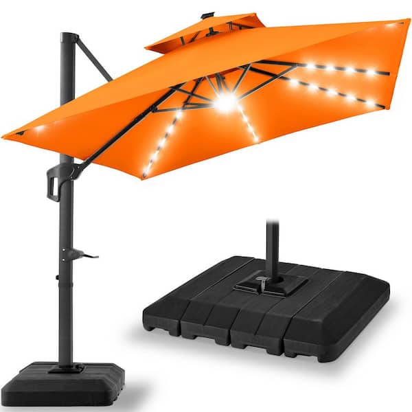 10 ft. Solar LED 2-Tier Square Cantilever Patio Umbrella with Base Included in Orange