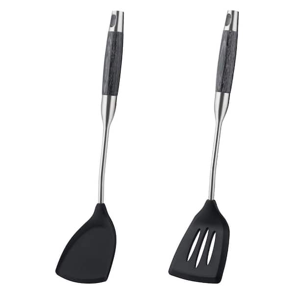 Black Silicone Stainless Steel Handle Spatula and Slotted Spatula Set Heat Resistant Cooking Utensil 2 Pack