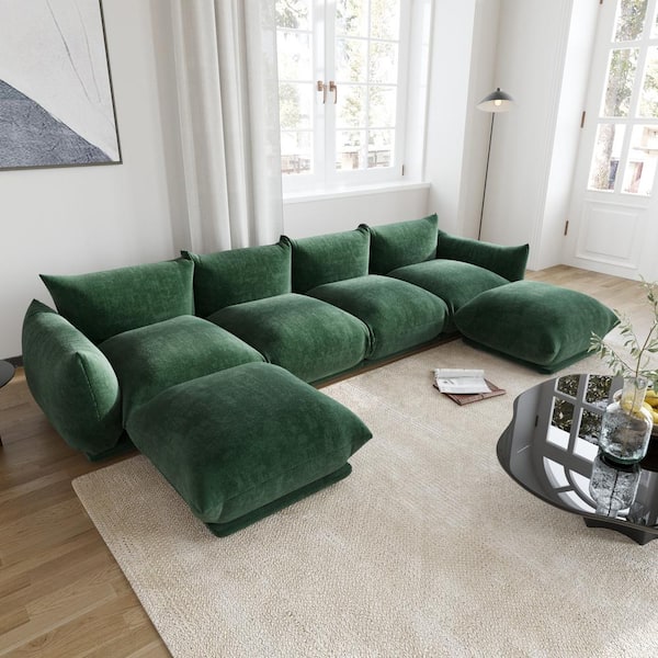 J&E Home 130.71 in. Straight Arm 6-piece Chenille U Shaped Modular Free Combination Sectional Sofa with Ottoman in. Green
