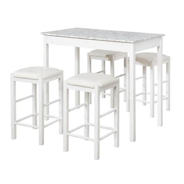 Tahoe White Wood with White and Grey Faux Marble Top 5 Piece Tavern Set with Padded Seats