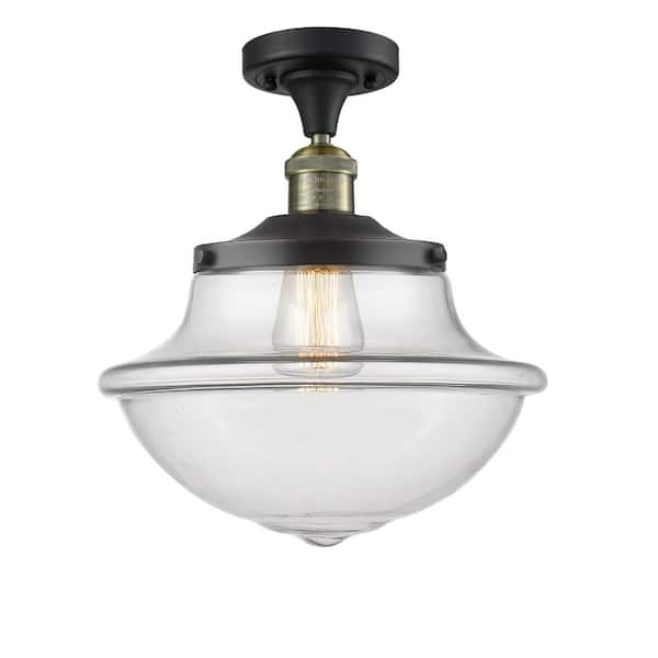Oxford 11.75 in. 1-Light Black Antique Brass Traditional Semi-Flush Mount with Clear Glass Shade