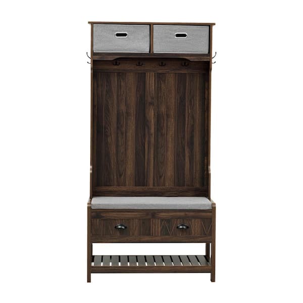 Unbranded 34.2 in. W x 16.5 in. D x 68.5 in. H Brown Wood Linen Cabinet with Hall Tree, Entryway Bench, Hooks and Drawers