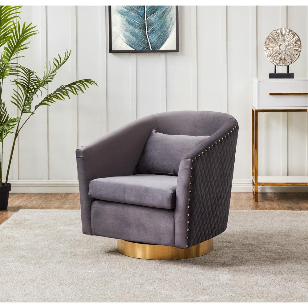 Slate Grey Velvet Swivel Barrel Chair with Gold Base