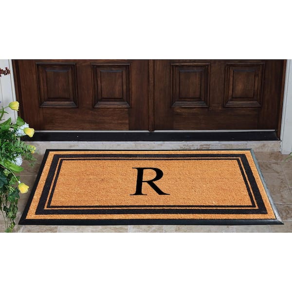 A1HC Markham Picture Frame Black/Beige 30 in. x 60 in. Coir and Rubber Flocked Large Outdoor Monogrammed R Door Mat