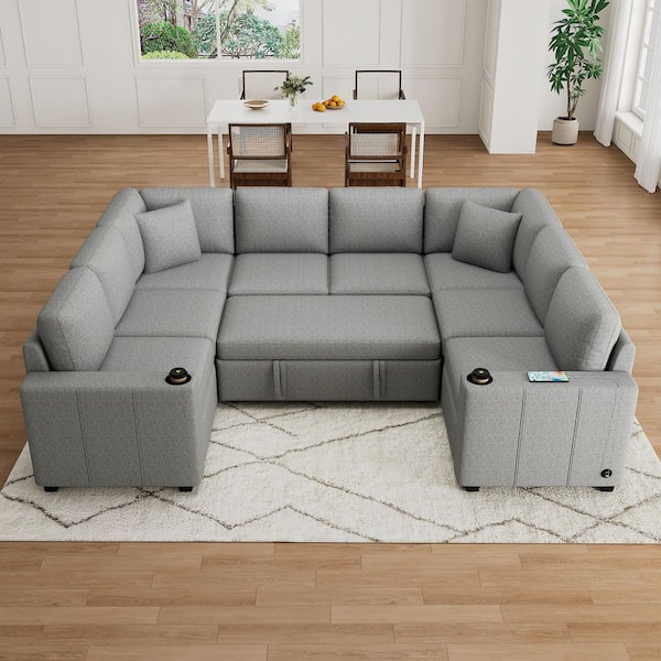 107.1 x 84.7 in. U-Shaped Chenille King Size 6-Seat Sectional Sofa Bed with USB Charging Ports, Cup Holders, Gray