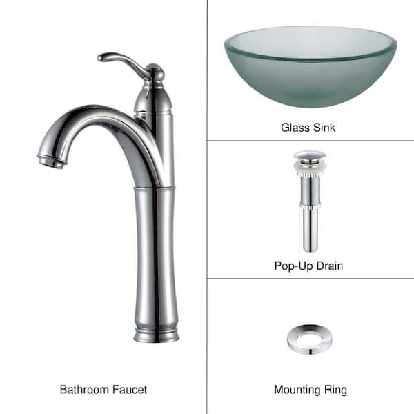 KRAUS Frosted Glass Vessel Sink in Clear with Single Hole Single-Handle High-Arc Riviera Faucet in Chrome