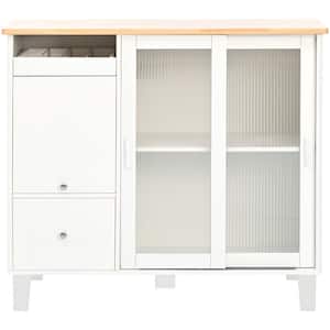 White Rubber Wood 44 in. Kitchen Island with LED, Adjustable Shelf and 2 Fluted Glass Doors