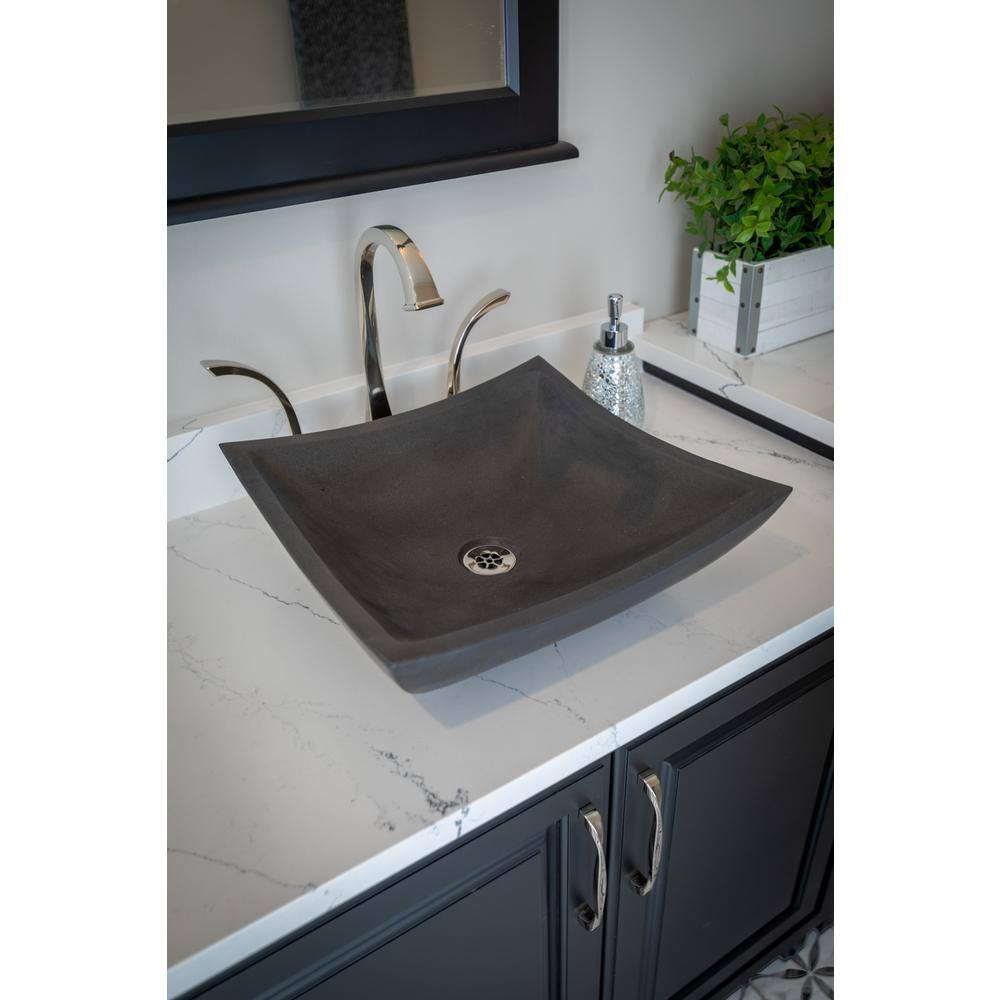 Honed Black Lava Stone Square Vessel Sink, 15.5"