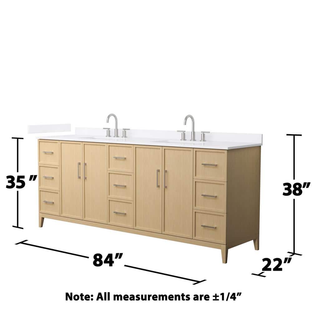 Elan 84-Inch Double Vanity in White Oak with Nickel Trim and White Quartz Top
