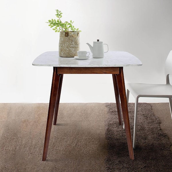 AndMakers Senna 31 in. 1-Piece Walnut Square Italian Carrara White Marble Dining Table with Walnut Legs (Seats-4)