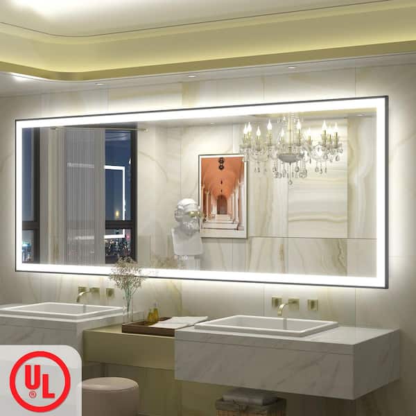 84 in.W x 32 in.H Rectangular Framed UL Certified Front and Back LED Anti-Fog Tempered Glass Wall Bathroom Vanity Mirror