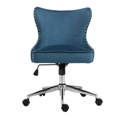 Ergonomic Blue Velvect Seat Nailhead Trim Task Chair with Non-Adjustable Arms
