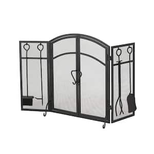 Brightwell Matte Black Metal 3-Panel Fireplace Screen with Door and Tools