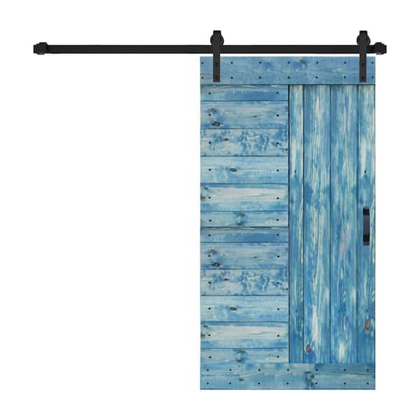 ISLIFE L Series 42 in. x 84 in. Worn Navy Finished Solid Wood Sliding Barn Door with Hardware Kit - Assembly Needed