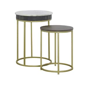 17 in. Round Nolan Grey and White Marble Mango, Iron, and Marble 2-pieces Nesting End Tables