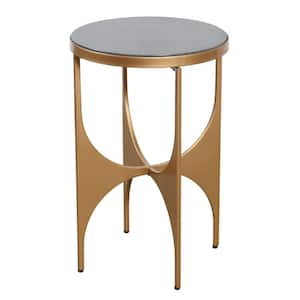 Austin 15 in. Satin Gold, Marquina Grey Limestone Round Stone End Table