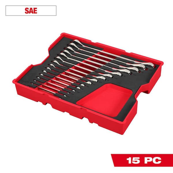 SAE Ratcheting Combination Wrench Set with Tray for PACKOUT Drawers (15-Piece)
