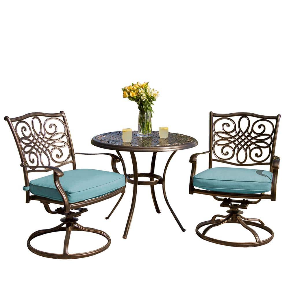Bronze and Blue Aluminum 3-Piece Swivel Bistro Set