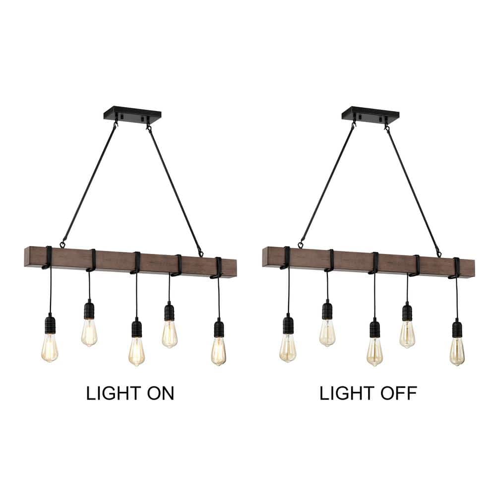 Antique Black and Natural Wood 5-Light Linear Chandelier