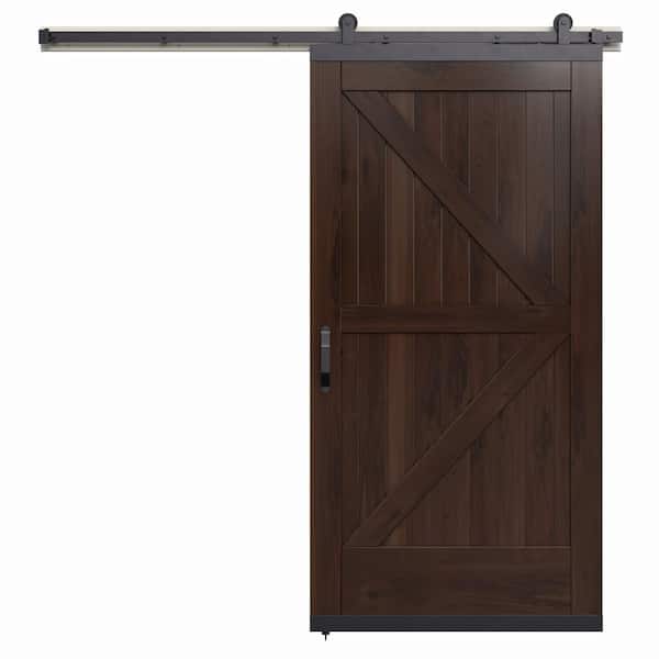 JELD-WEN 36 in. x 80 in. Karona K Design Chocolate Stained Rustic Walnut Wood Sliding Barn Door with Hardware Kit