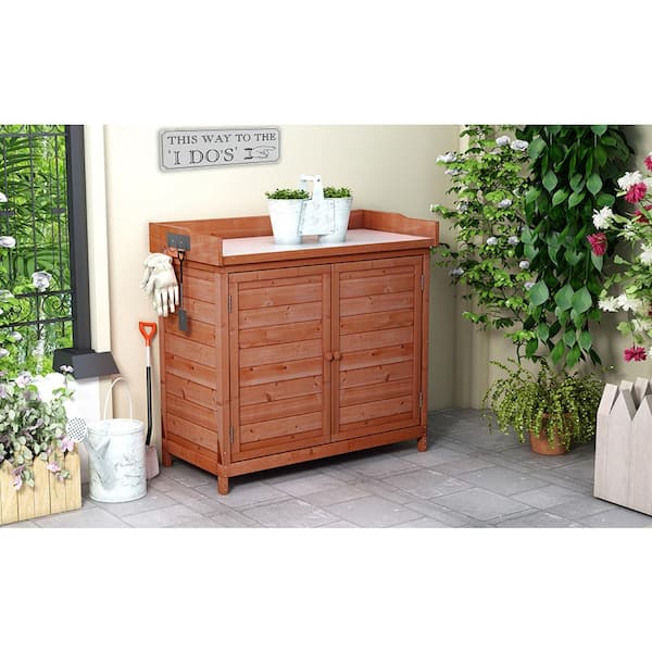 39 in. Orange Wood Potting Bench Table Rustic Garden Workstation Storage Cabinet Garden Shed