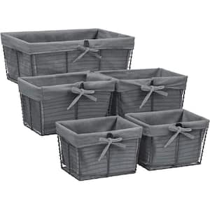 Wire Basket With Gray removable fabric Liner Rustic Storage Set of 5