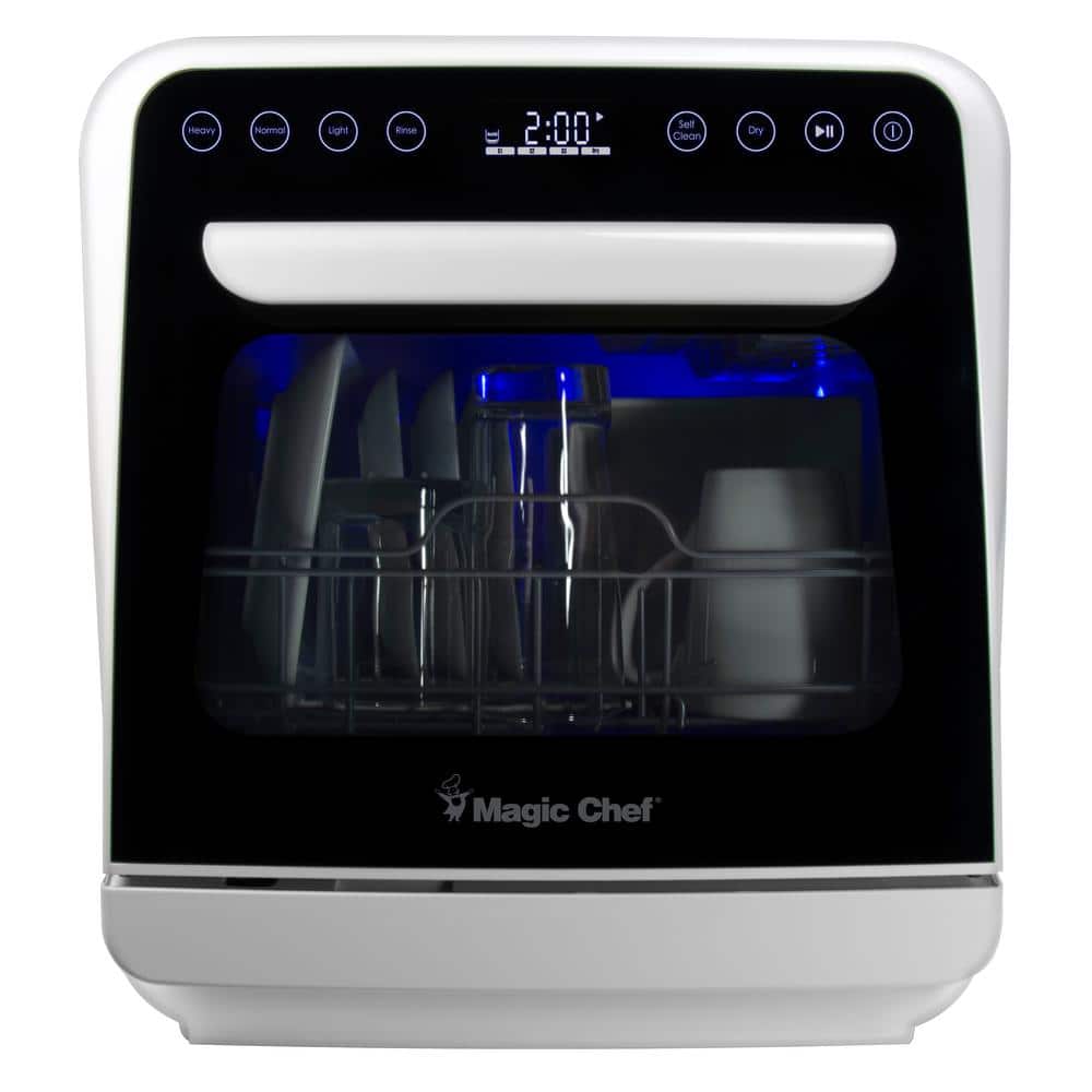 White Compact Countertop Dishwasher with Digital Display
