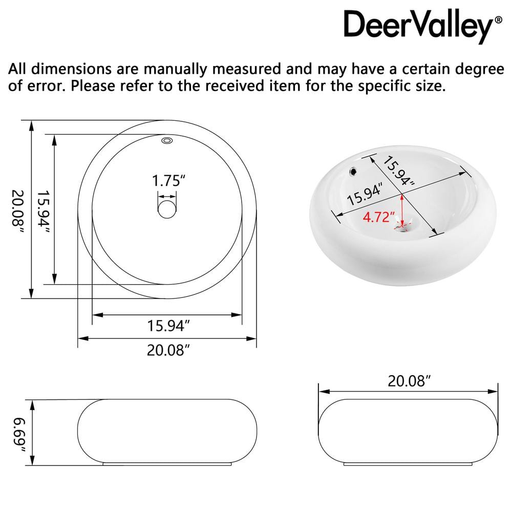 DeerValley 20" Round White Ceramic Vessel Bathroom Sink