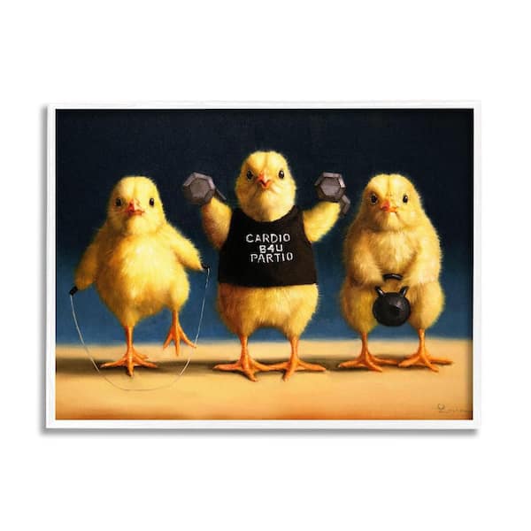 Stupell Industries Funny Exercise Workout Chicks Animals by Lucia Heffernan 1-Piece White Framed Animal Giclee Art Print 14 in. x 11 in.