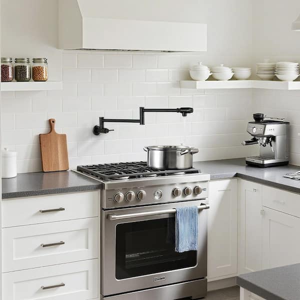 Wall Mount Pot Filler Kitchen Folding Faucet Double-Handle with Dual Joint Swing Arm in Oil Rubbed Bronze