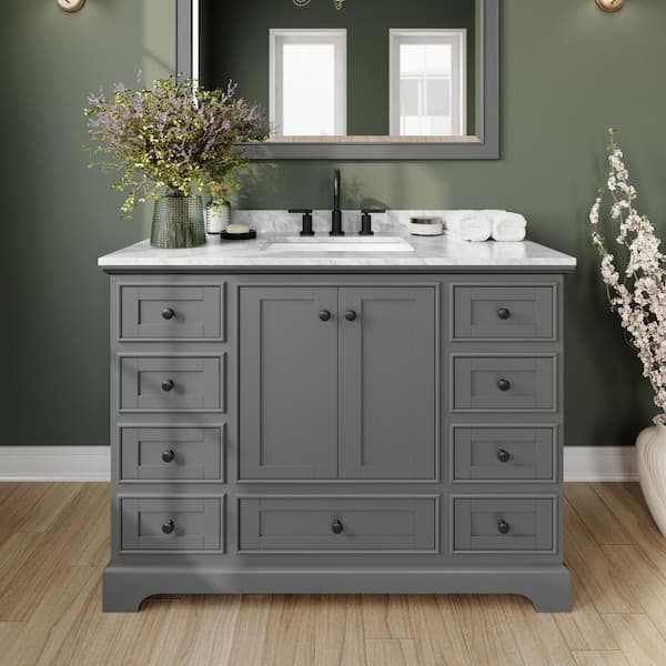Wyndham Collection Deborah 48 in. W x 22 in. D x 35 in. H Single Bath Vanity in Dark Gray with White Carrara Marble Top and 46 in. Mirror