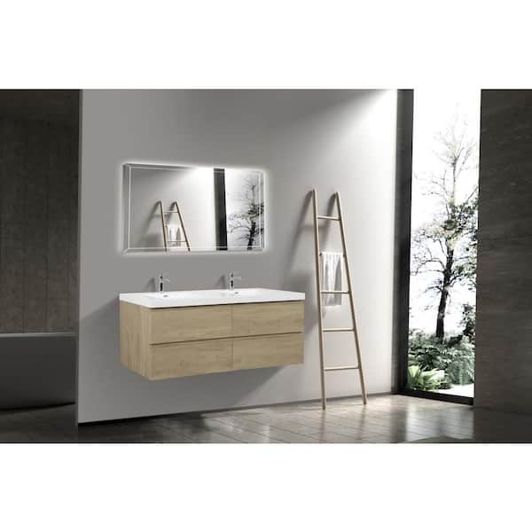 70.55 in. W Double Sinks Wall-Mounted Natural Oak Bath Vanity With White Resin Top Unassembled