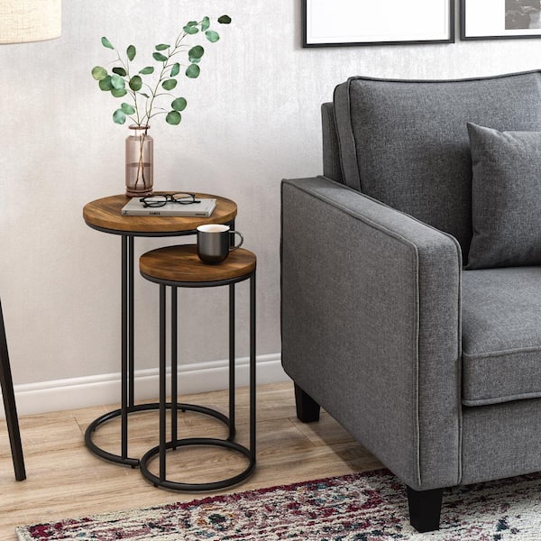CorLiving Fort Worth 15 in. Brown Round Wood Grain End Table with 2-Pieces