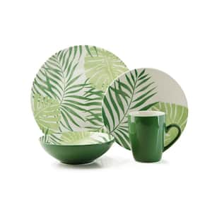 Palm Leaf 16-Piece Casual Green Ceramic Dinnerware Set (Service for 4)