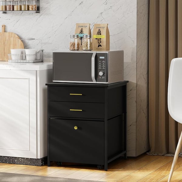 Black Wood Top Kitchen Cart with 3 Drawers and Rolling Wheels, Mini Fridge Cabinet, Beverage Fridge Table for Dorm