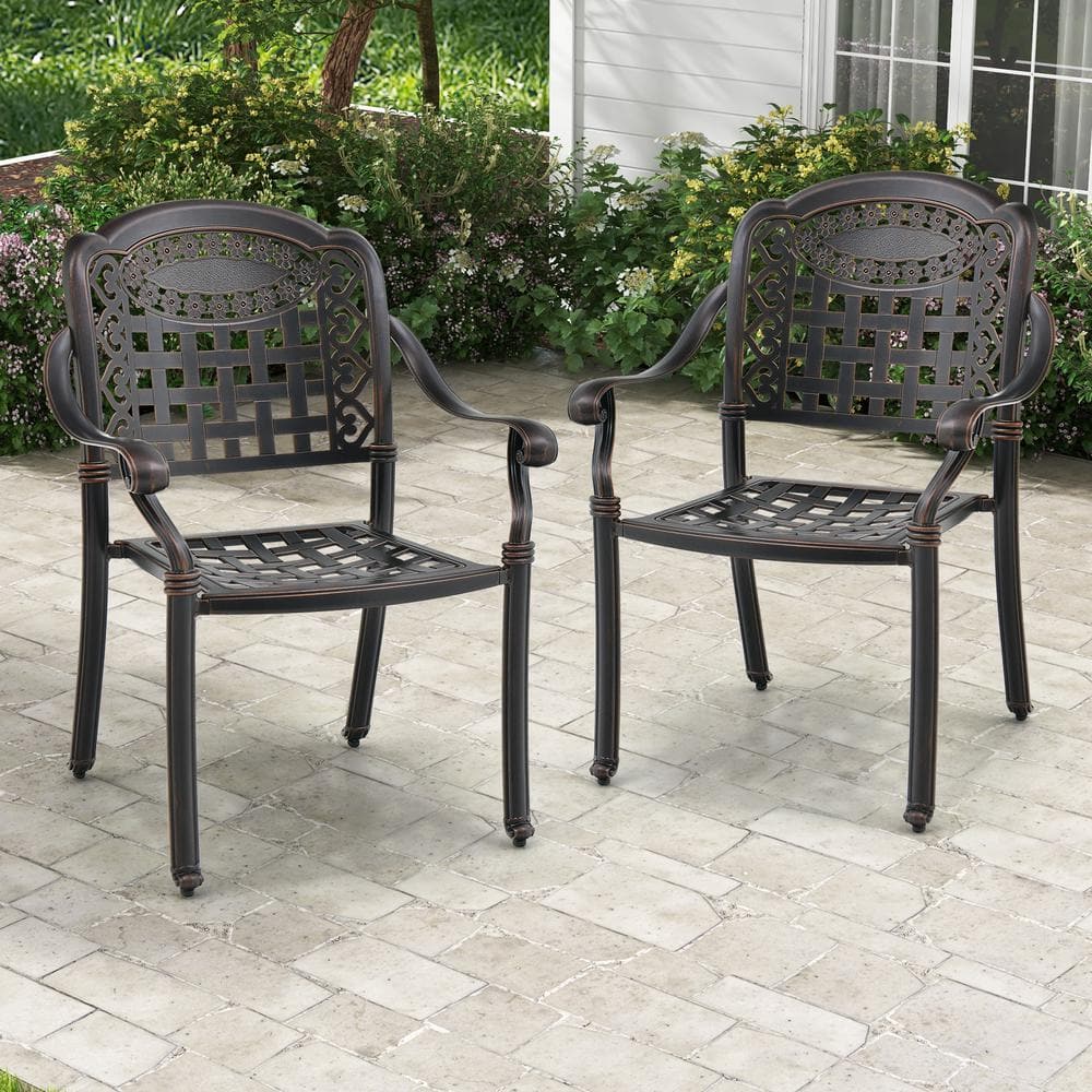 Cast Aluminum Outdoor Dining Chair In Brown With Armrests, Set of 2