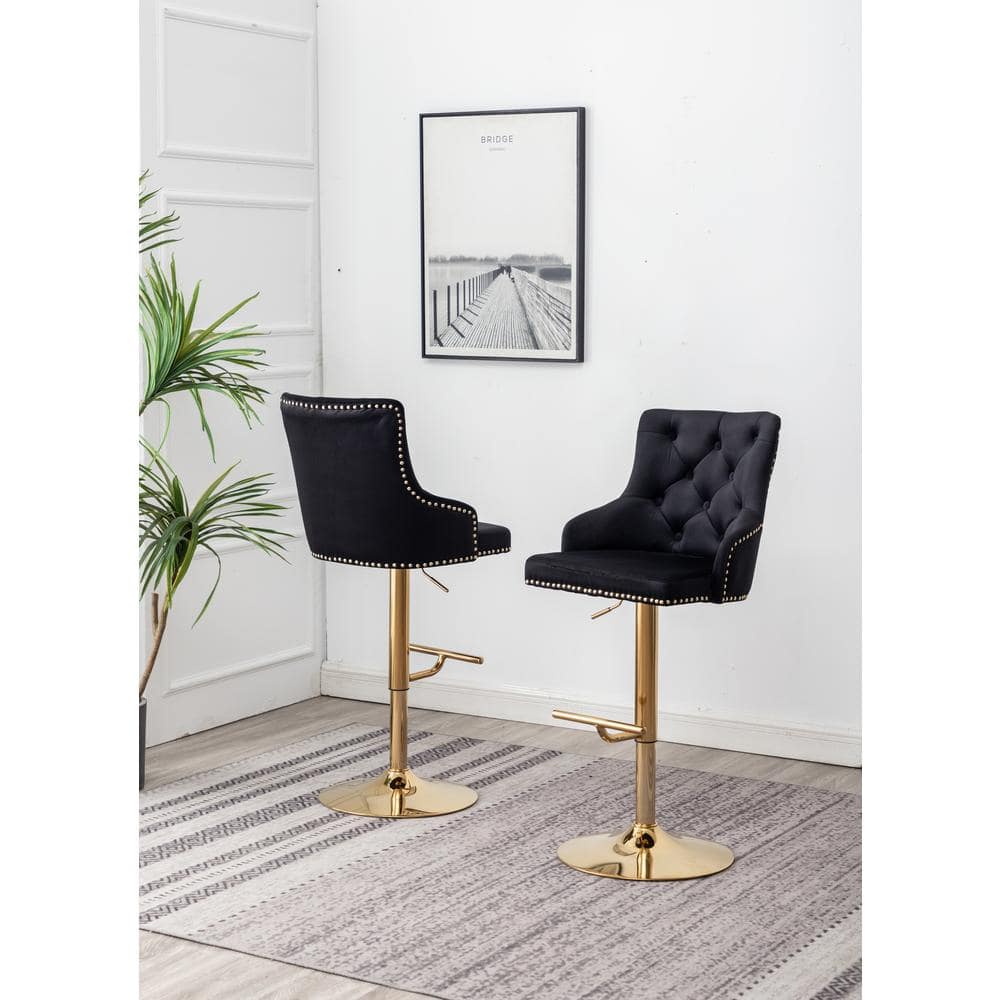 Glamorous Adjustable Swivel Black Velvet Bar Stool with Gold Metal Accents
