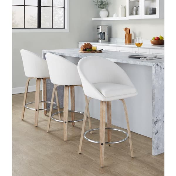 Matisse Highback 26 in. Cream Fabric, White Washed Wood, and Chrome Metal Fixed-Height Counter Stool (Set of 2)
