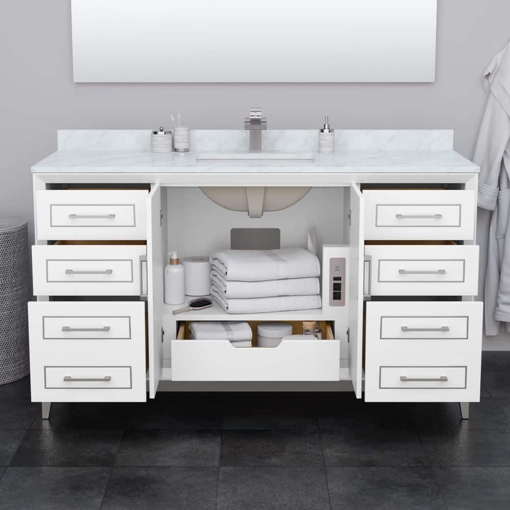Marlena 60-Inch White Vanity with Cultured Marble Top and Satin Bronze Hardware