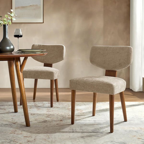 Lydia Sand Polyester Dining Chair with Solid Wood Legs and Curved Backrest