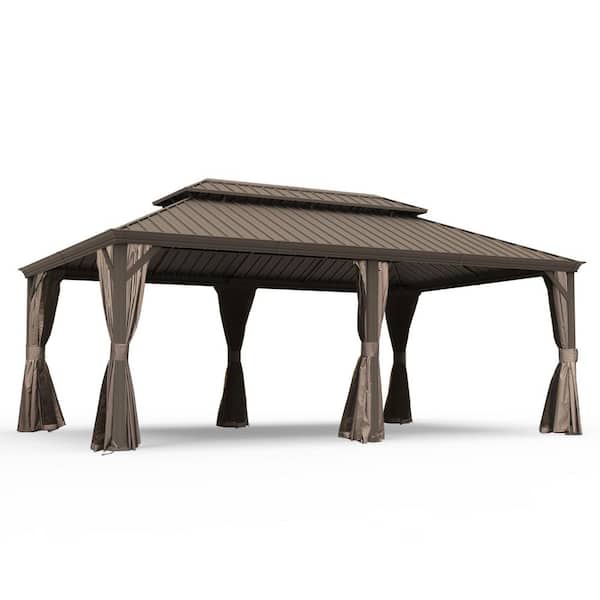 14 ft. x 20 ft. Hardtop Steel Patio Gazebo with Double Roof and Mosquito Netting Brown