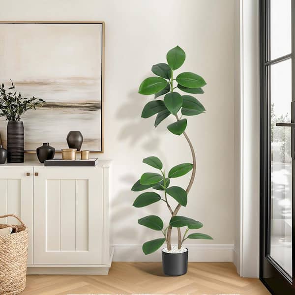 5 ft. Artificial Plants Rubber Tree with Black Pot, Faux Tree Tropical Indoor Tall Plant Fake Tree